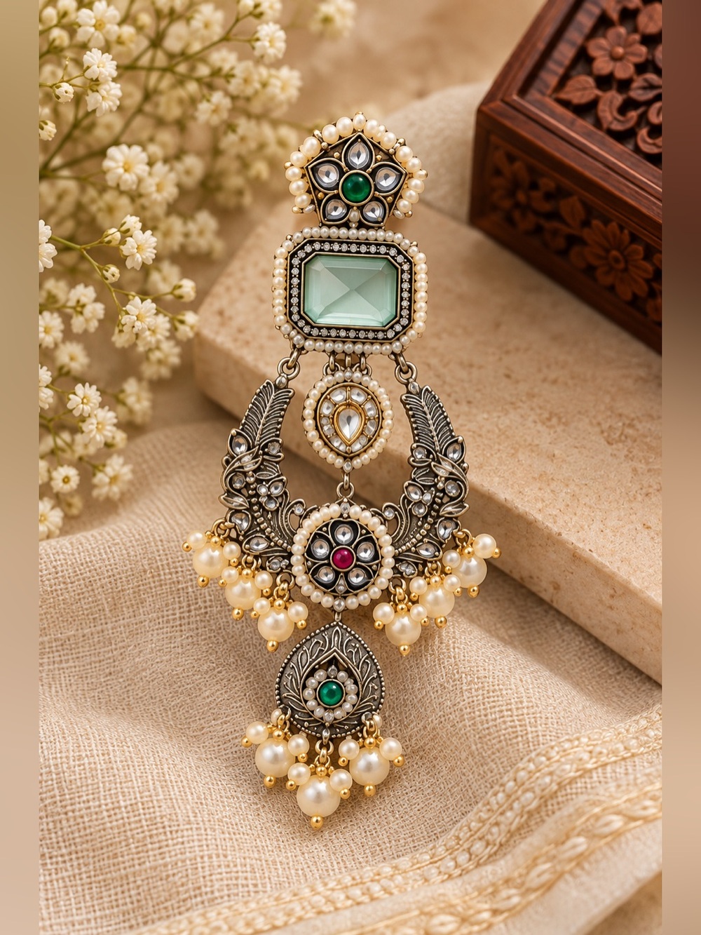 Handcrafted Silver-Tone Pearl Chandelier Earring with Green and Pink Accents